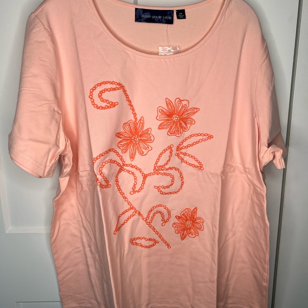 Susan Graver Shell Pink Sequin Floral Tee Shirt Women's Plus Size 2X NWT
